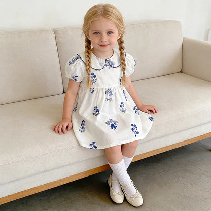 Summer New Style 2-6Y Girl Dress Short Sleeve Baby Clothes Children's Dress Korean Embroidered Girls Retro Sister Dress