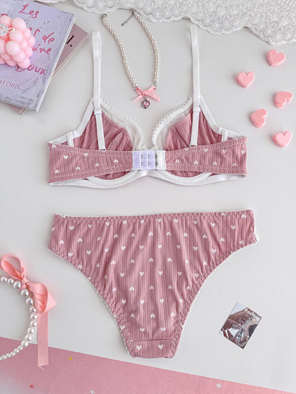 Women Pink Heart Print Lingerie Set Lace Mesh Trim Underwire Bra & Panties Soft Comfort Daily Intimates