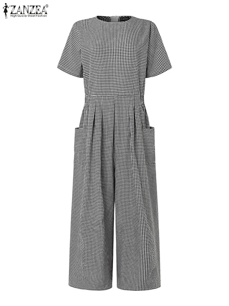 ZANZEA 2024 Fashion Women Gingham Jumpsuits Loose Casual Pleated Waist Short Sleeve Checked Wide Leg Overalls O Neck Long Romper