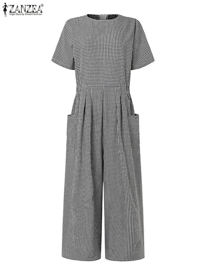 ZANZEA 2024 Fashion Women Gingham Jumpsuits Loose Casual Pleated Waist Short Sleeve Checked Wide Leg Overalls O Neck Long Romper