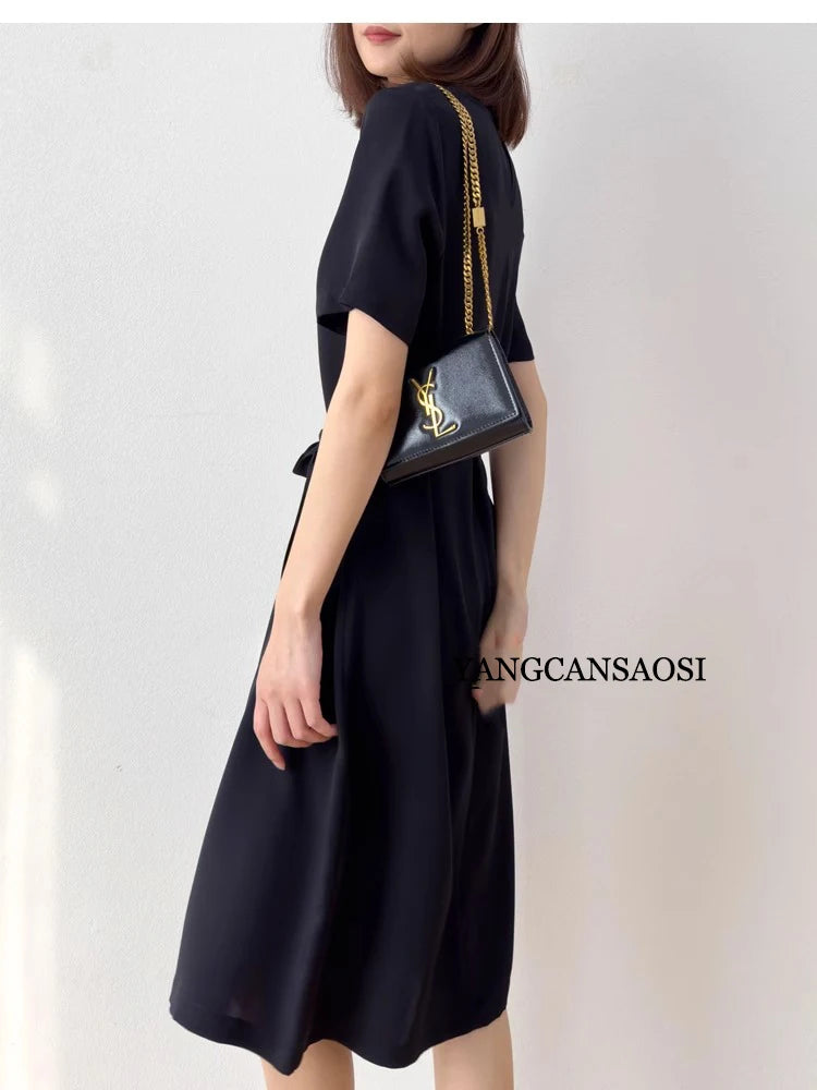 2026 Summer New 26MM 93%Natural Mulberry Silk Elastic Heavy Wrinkle Round Neck Short Sleeve Straight Mid Length Women's Dress