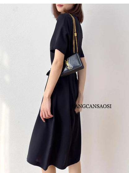 2026 Summer New 26MM 93%Natural Mulberry Silk Elastic Heavy Wrinkle Round Neck Short Sleeve Straight Mid Length Women's Dress