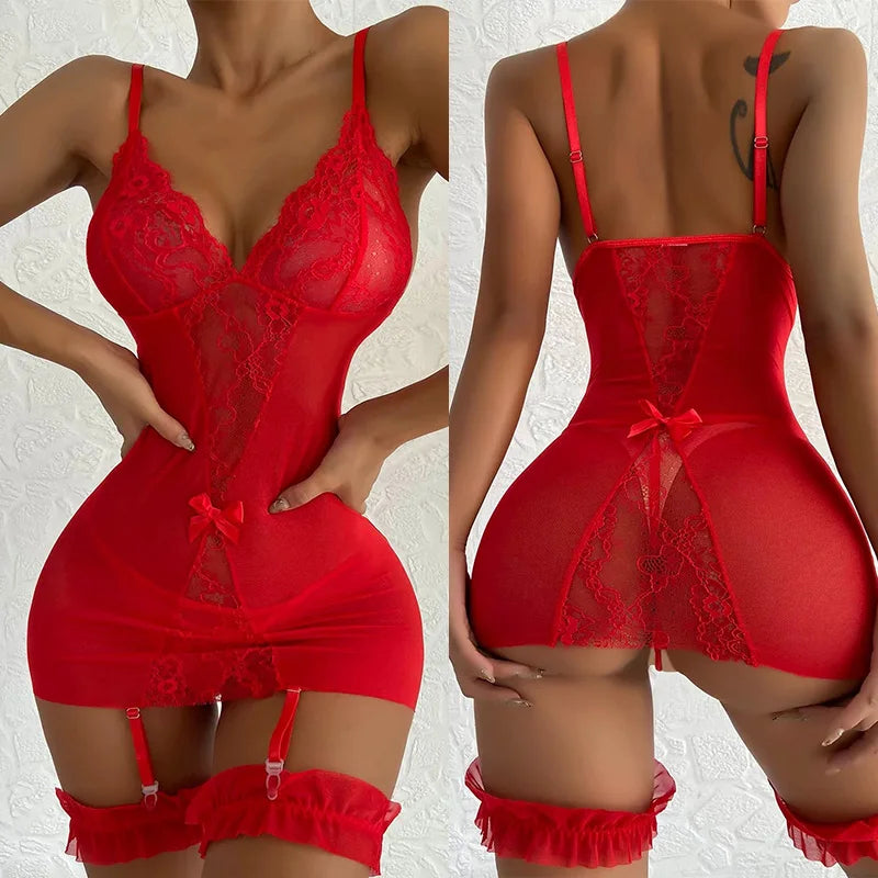 Women's Transparent Erotic Lingerie Floral Lace V-Neck Bodycon Dress with Thong And Garters Sexy Underwear