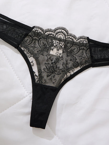Elegant Black Lace Garter Lingerie Set Floral Embroidery Underwire Bra Sheer Mesh Honeymoon Intimate Sleepwear ZA825205