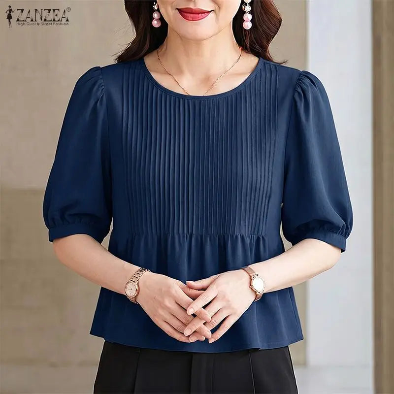 ZANZEA 2026 Woman Pintuck Blouses Casual Round Neck Half Puff Sleeve Solid Color Tops Summer Daily Commute Work Blusas Mujer