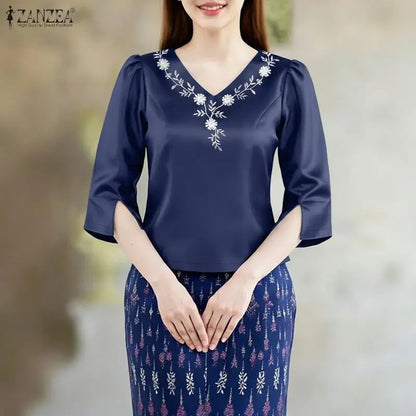 ZANZEA Elegant Woman Satin Short Blouses V-Neck 3/4 Sleeve Floral Embroidery Slim Fit Tops Classy Ladies Blusas 2026 Spring 3XL