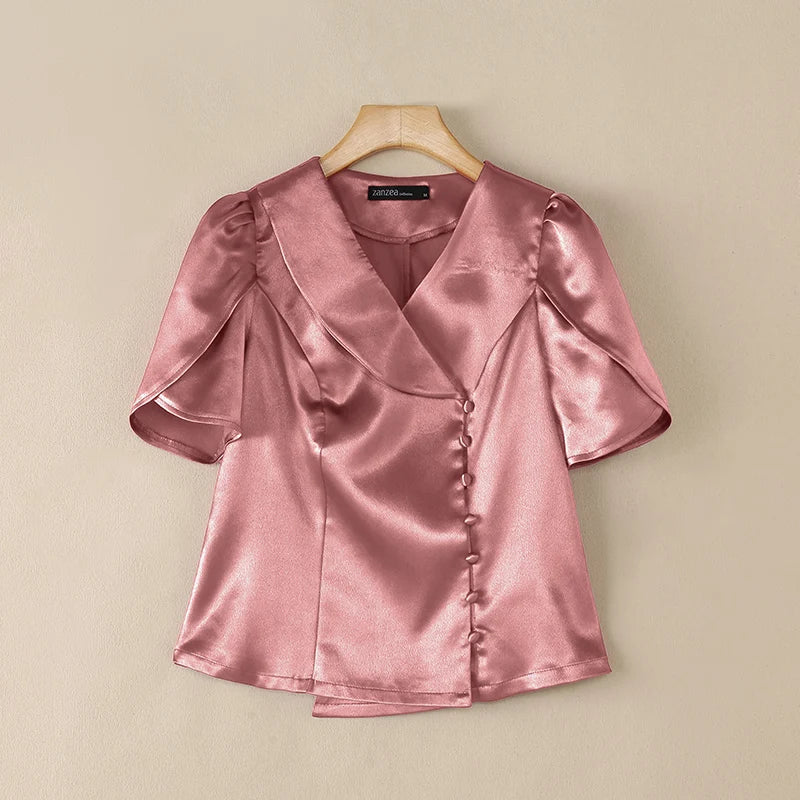 ZANZEA Woman Elegant Satin Shirts Summer Lapel Collar Asymmetric Placket Short Petal Sleeve Tops Vintage Party Chemises Femme