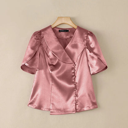 ZANZEA Woman Elegant Satin Shirts Summer Lapel Collar Asymmetric Placket Short Petal Sleeve Tops Vintage Party Chemises Femme