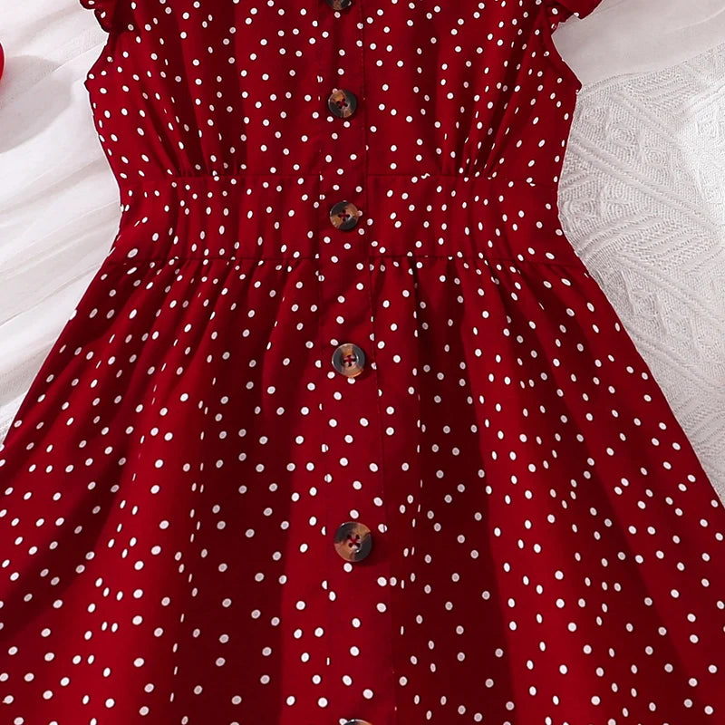 Kids Summer Girl 4-12 Years Old Red Sleeveless Flying Sleeve Polka Dot V-neck Waist Dress Simple Temperament Fashion Daily Style
