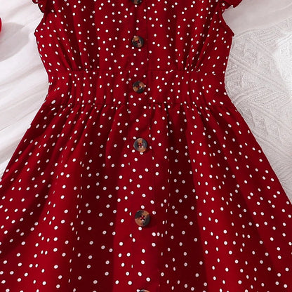 Kids Summer Girl 4-12 Years Old Red Sleeveless Flying Sleeve Polka Dot V-neck Waist Dress Simple Temperament Fashion Daily Style