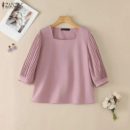 ZANZEA Women Blouses Casual Square Neck Pleated 3/4 Puff Sleeve Solid Color Tops 2026 Summer Everyday Wear Commute Blusas Mujer