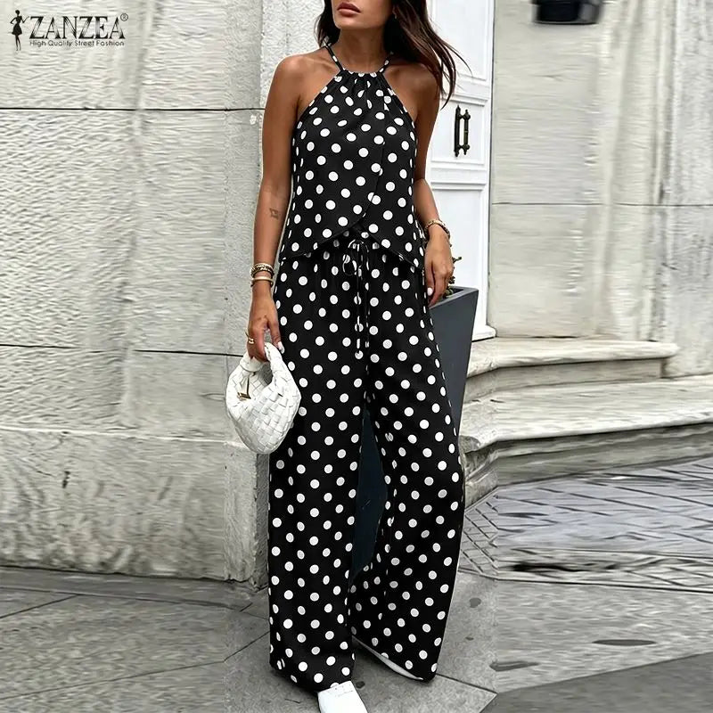 Stylish Women 2 Pieces Sets ZANZEA  Polka Dots Holiday Outfits Summer Halter Sleeveless Tanks Tops Beach Pant Sets Streetwear