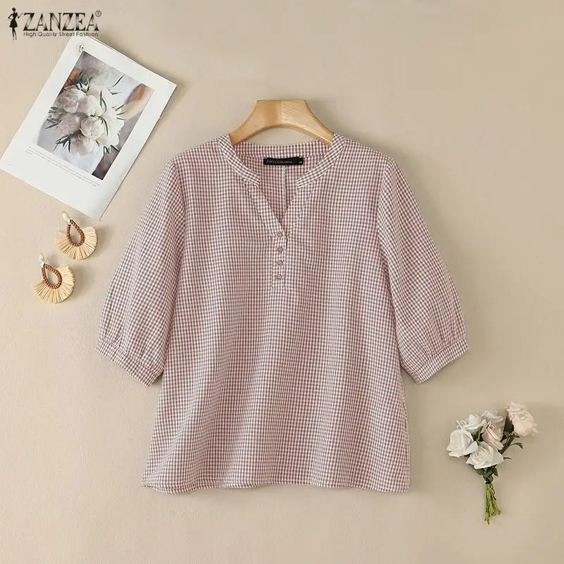 ZANZEA Woman Casual Gingham Blouses V-Neck Half-Button 3/4 Sleeve Plaid Loose Tops 2026 Summer Daily Wear Blusas Mujer 3XL