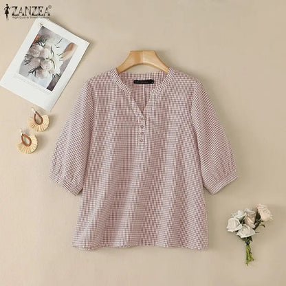 ZANZEA Woman Casual Gingham Blouses V-Neck Half-Button 3/4 Sleeve Plaid Loose Tops 2026 Summer Daily Wear Blusas Mujer 3XL