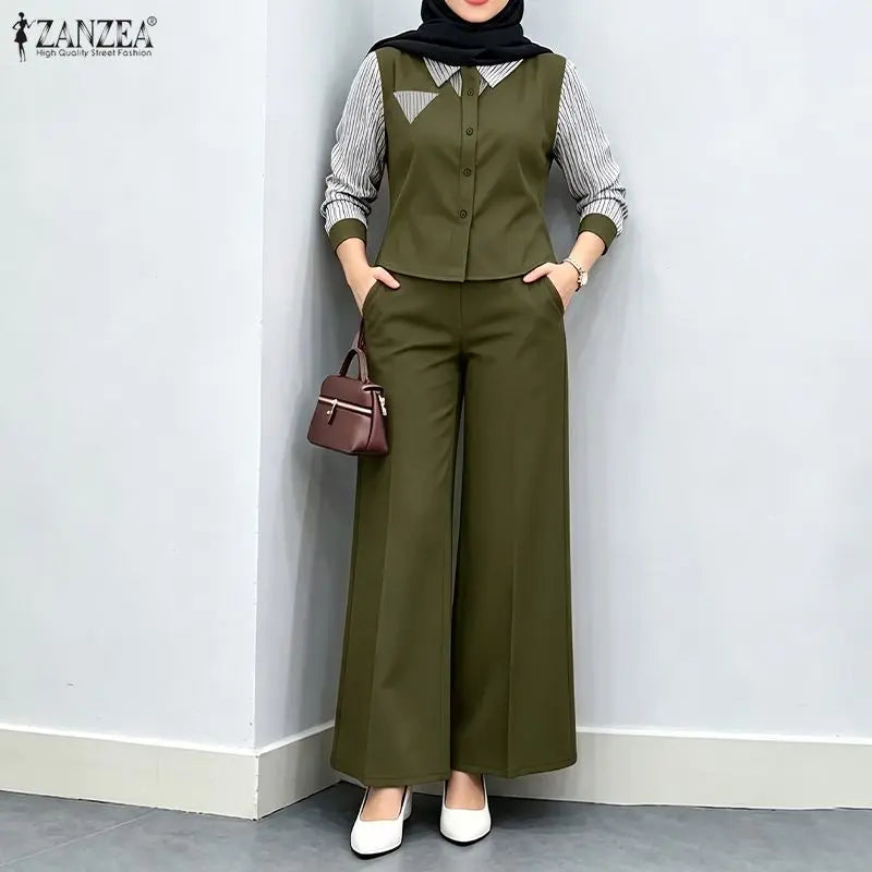 ZANZEA Autumn Stripe Patchwork Long Sleeve Blouse Wide Leg Pants Sets Women Muslim Two Piece Suit Elegant Modest Ramadan Outfits