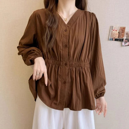 200 Pounds Plus Size Elastic Waist Summer Shirt And Blouse  Solid Top Women's New In Clothes Simple V-neck French