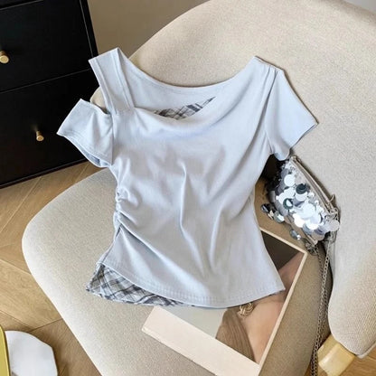 Girls Off Shoulder Fake Two Piece T-Shirt Short Sleeve Summer Kids Top Slim Fit Color Block Splicing Tee for Big Girls Age 7-14