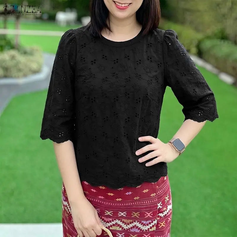 ZANZEA Women's Casual Openwork Blouses O-Neck Half Sleeve Embroidered Floral Patchwork Tops Summer Daily Wear Blusas de Mujer