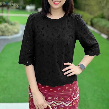 ZANZEA Women's Casual Openwork Blouses O-Neck Half Sleeve Embroidered Floral Patchwork Tops Summer Daily Wear Blusas de Mujer