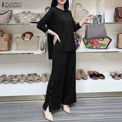 ZANZEA Autumn Outfits Women Casual O Neck Long Sleeve Tops Wide Leg Pants Sets 2 Piece Sets Solid Color Loose Tracksuit Oversize
