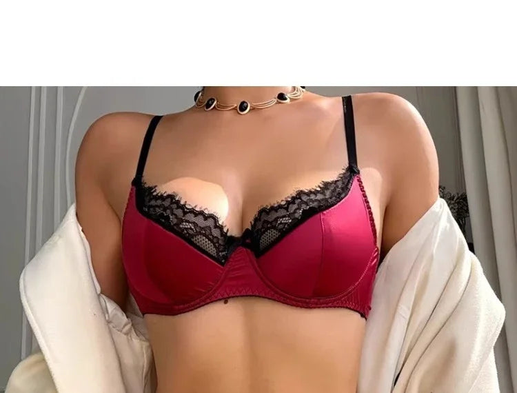 YUQI French sexiness Red Wedding Night Lingerie Bra Set| Zodiac Year Lace Bralette, Thin Adjustable & Cinched for Small Chest