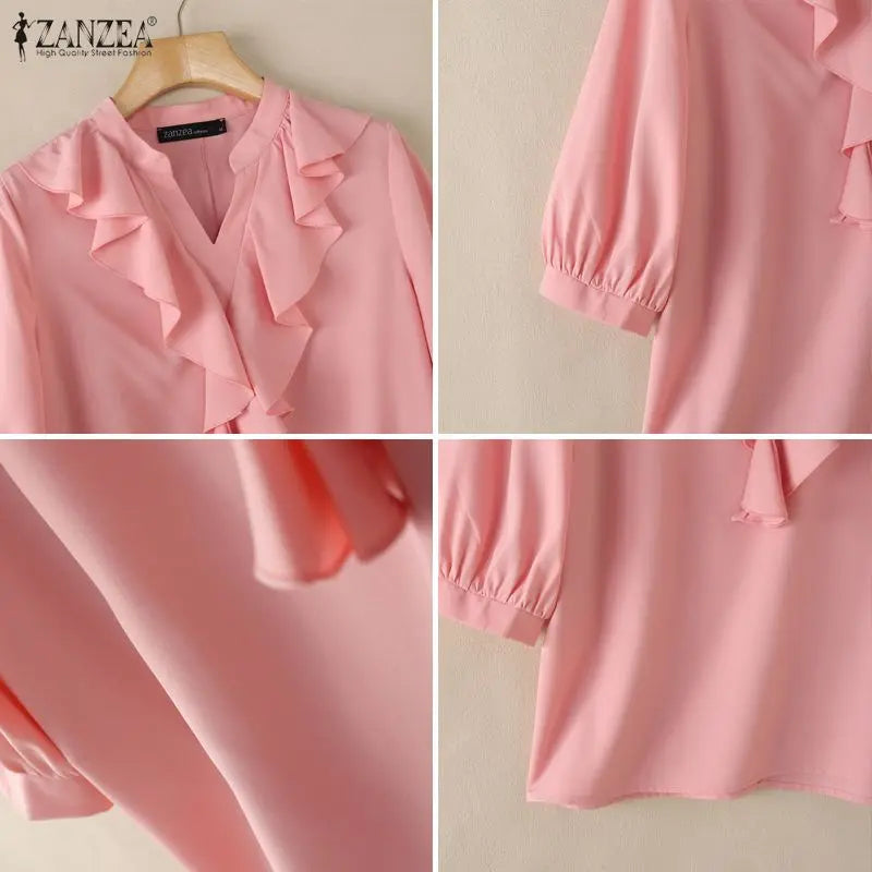ZANZEA Women Ruffles Blouses Summer 3/4 Sleeve Tops Solid Color Fashion Tee V Neck Blusas Streetwear OL Work Tunic Female
