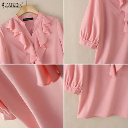 ZANZEA Women Ruffles Blouses Summer 3/4 Sleeve Tops Solid Color Fashion Tee V Neck Blusas Streetwear OL Work Tunic Female