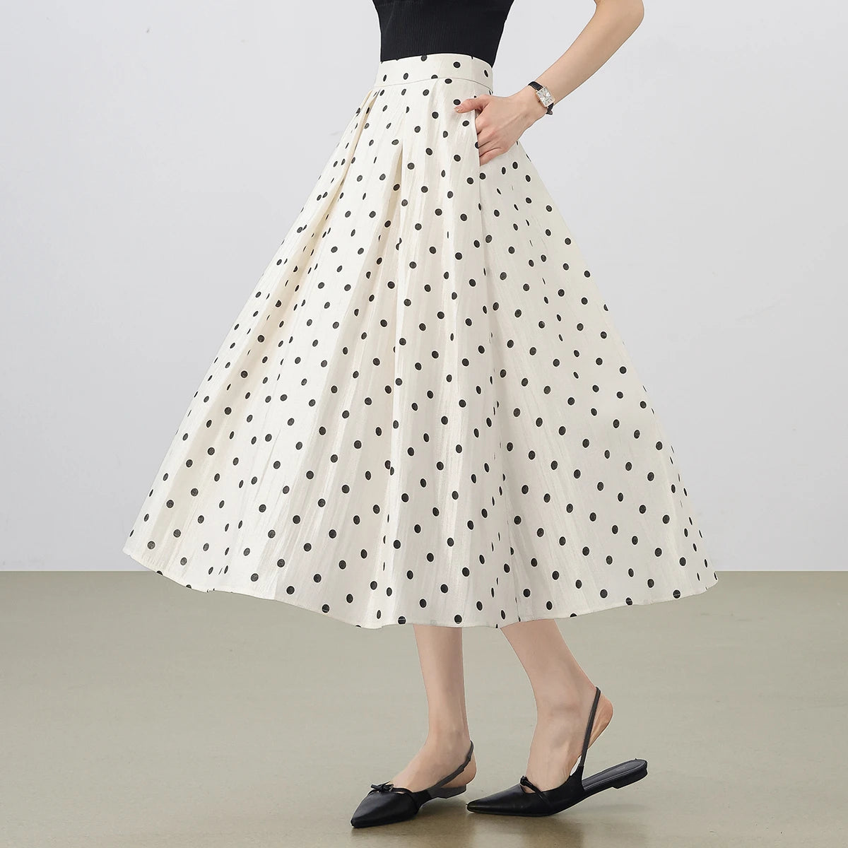 SENTUBILA Polka Dot Women's Skirt 2026 Fashion French Style A-line Elegant High Waist Pleated Ladies Long Skirts 152QG0009