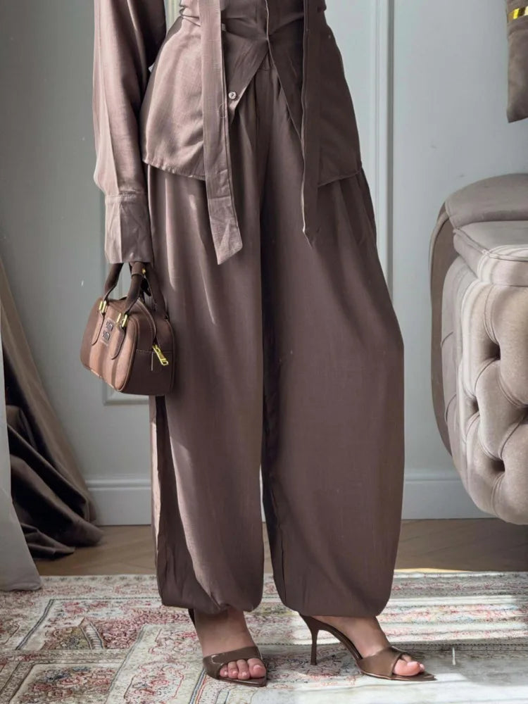 DFDG Women 2026 Spring Summer Two Piece Outfit Collared Neck Tie Waist Shirt High Waist Lantern Pants Casual Loungewear Set