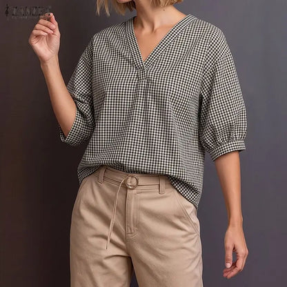 ZANZEA Woman Casual Gingham Check Blouses V-Neck Lantern 3/4 Sleeves Loose Tunic Top 2026 Summer Daily Wear Blusas Mujer S-3XL