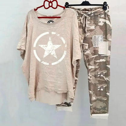 Women's Cotton Blend Suit Women's Summer Casual Printed Sportswear Set Lightweight Cotton Blend Outfit for Fashionable