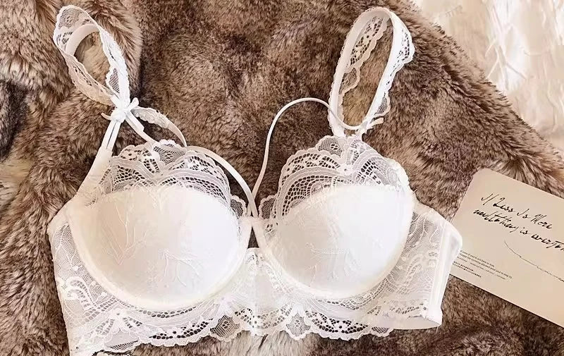 MOYISU Sexy French Lace Bralette Small Bust Cup Bra Set with Removable Straps & Push Up Pads, Soft Underwire Thin Girls Bra Top