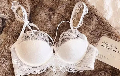 MOYISU Sexy French Lace Bralette Small Bust Cup Bra Set with Removable Straps & Push Up Pads, Soft Underwire Thin Girls Bra Top