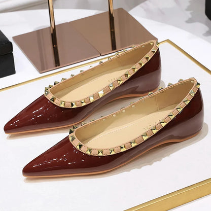 BIGTREE Shoes Lady Rivet Decoration Low Heeled Women Shoes Patent Leather Ladies Shoes Wedge Heels Pointed Tip Low Heel Female