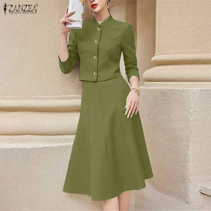 2026 ZANZEA Spring 2 Piece Sets Elegant Office Dress Sets Women Stylish Solid Work Outfit Stand Neck 3/4 Sleeve Shirt Skirt Suit