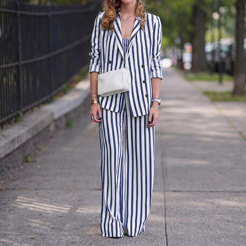 ZANZEA Casual Office Stripe Suits Women Striped Outfit Two Piece Vintage Long Sleeve Double Breasted Blazer Wide Leg Pants Sets
