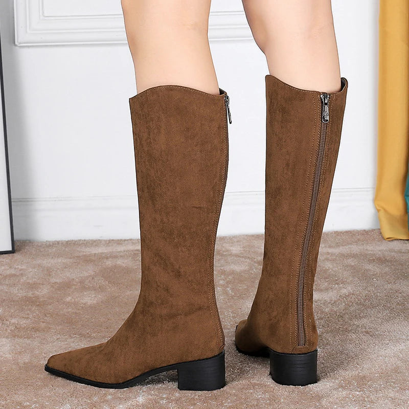 BIGTREE Shoe Women Knee-High Boots Suede Knight Boots Women Shoes Rear Zipper High boots Thick Heel Autumn Winter Boots Mid Heel