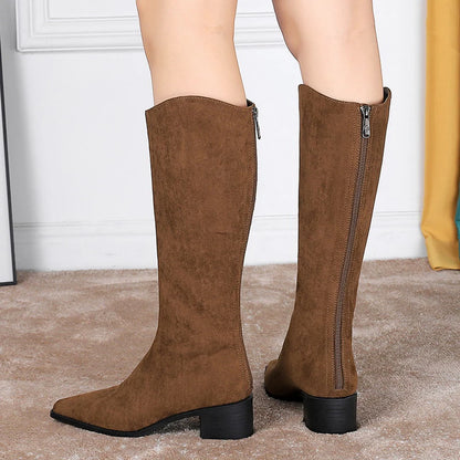 BIGTREE Shoe Women Knee-High Boots Suede Knight Boots Women Shoes Rear Zipper High boots Thick Heel Autumn Winter Boots Mid Heel
