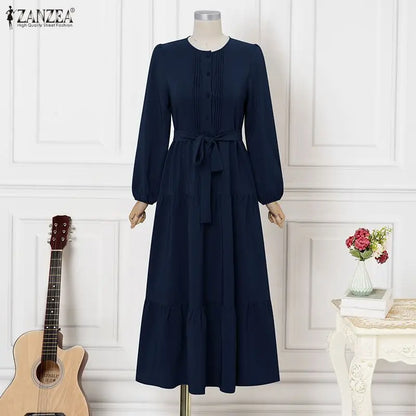 ZANZEA Women Autumn O Neck Long Sleeve Pleated Sundress Elegant Muslim Abaya Dress Maxi Robe Casual Kaftan Stylish Party Dress