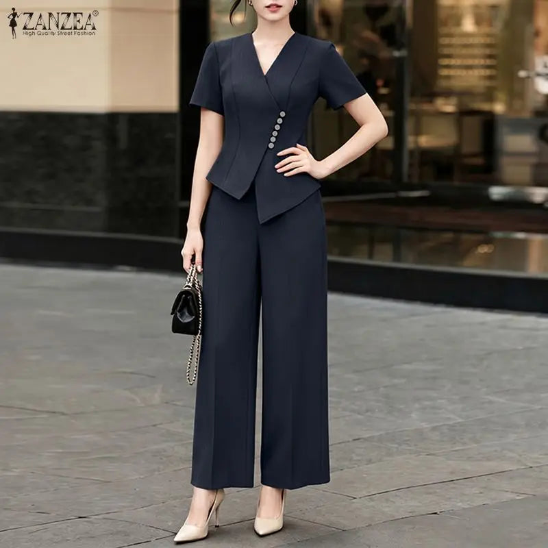 2026 Summer Pant Sets ZANZEA Fashion Women 2 Pieces Sets Short Sleeve Blouse Wide Leg Trousers Solid OL Work Outfits Tracksuit