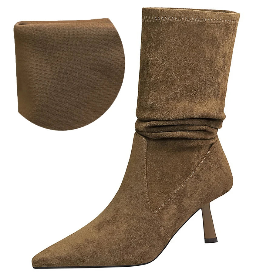 BIGTREE Shoes Women Pleated Elastic Boots Woman Stiletto 6.5 CM High Heel Boots Suede Ankle Boots Fashion Pointed Short Boots