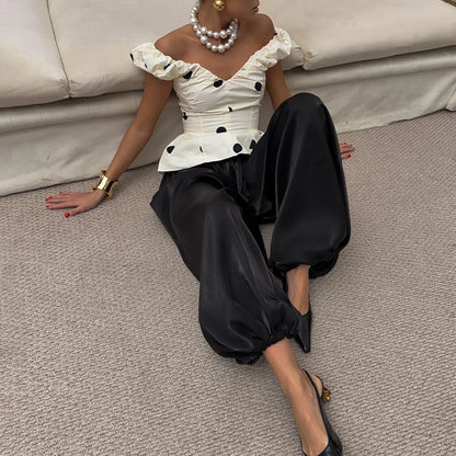 DNBS Satin Finish Women's Loose Balloon Pants, Elastic Cuffed Harem Trousers, Elegant Loungewear for Spring & Summer