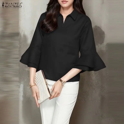 ZANZEA Elegant Layered Flare Sleeves Blouses Women's Casual Turn-Down Collar Solid Color Blouse Spring Summer Fashion Woman Tops