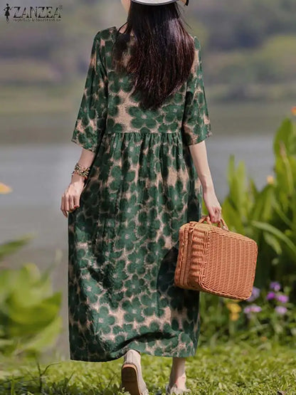 ZANZEA Bohemian Floral Printed Dress Autumn Long Sleeve O-Neck Maxi Robe Woman Casual Holiday Sundress Elegant Party Vestidos