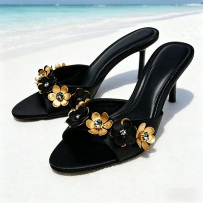 Novelty Metallic Flower Crystal Detail Women's Slippers Sexy Peep Toe Luxury Heeled Sandals for Ladies Summer Elegant Women Shoe