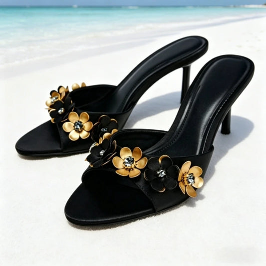 Novelty Metallic Flower Crystal Detail Women's Slippers Sexy Peep Toe Luxury Heeled Sandals for Ladies Summer Elegant Women Shoe