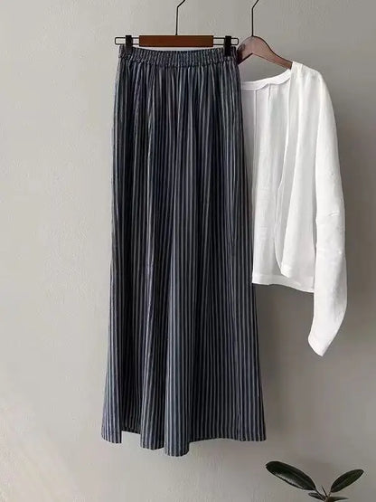 Summer Wide Leg Pants Women Loose Slimming Lazy Stripe Floor-Length Trousers Trendy High Waist Casual Style Breathable Skin-F...