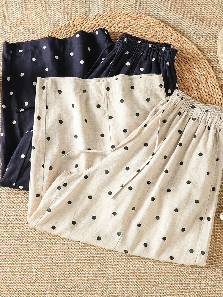 Polka Dot Wide Leg Pants Elastic Waist Tie Dye Slimming Loose Harlan Summer Vintage Style Ladies High Waist Straight Tube