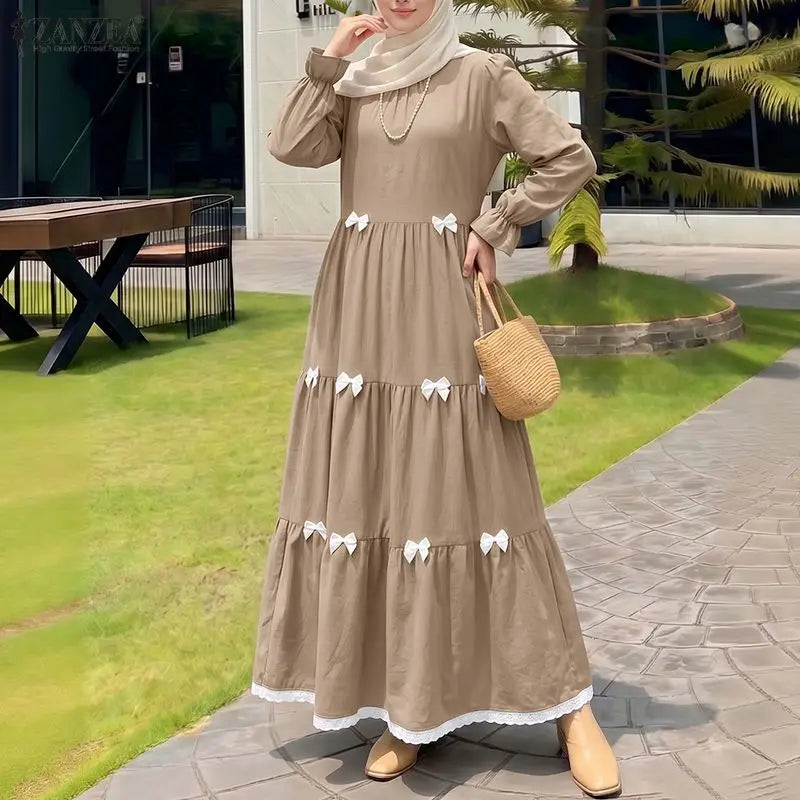 Elegant Muslim Dresses 2026 ZANZEA Ramadan Abaya Women Elegant O Neck Long Sleeve Bows Sundress Dubai Robe Femme Hijab Vestidos