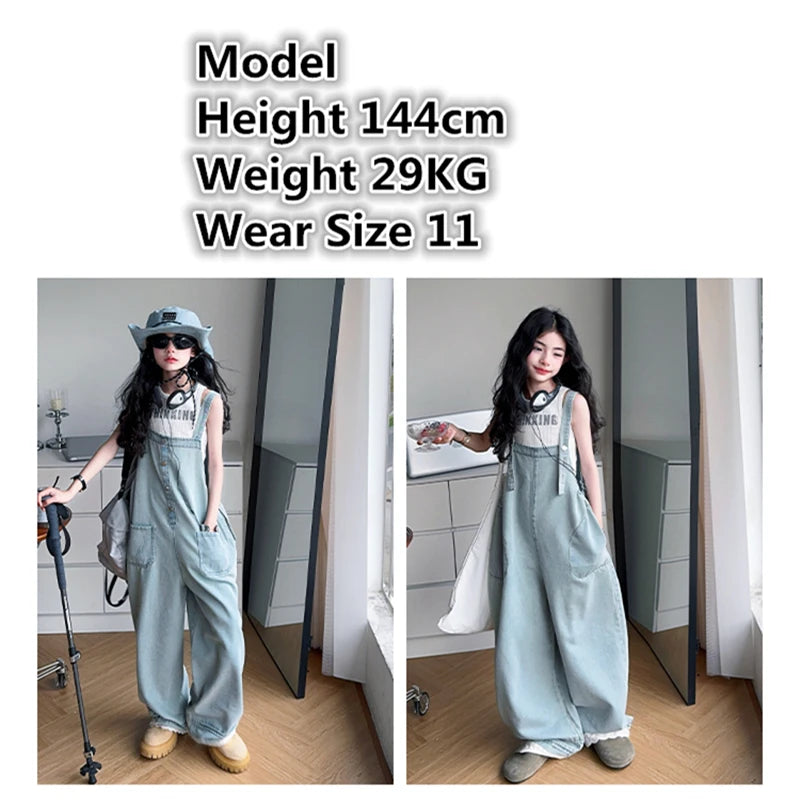New Fashion Kids Girls Overalls Jumpsuit Jeans Loose Casual Children Denim Bib Suspender Pants Teenagers Denim Dungarees 5-14 T